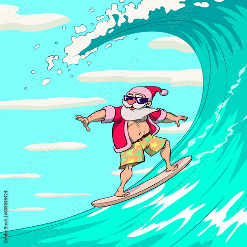 Happy Santa Claus is surfing on a sea big wave.