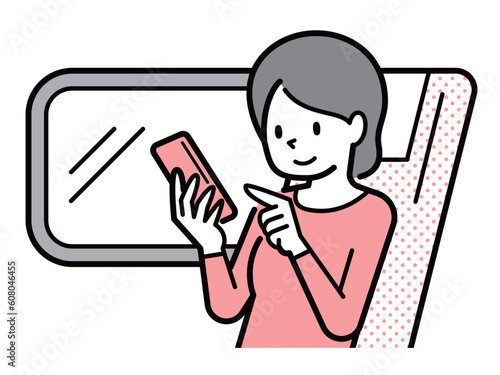 車内でスマホを使う若い女性のイラスト