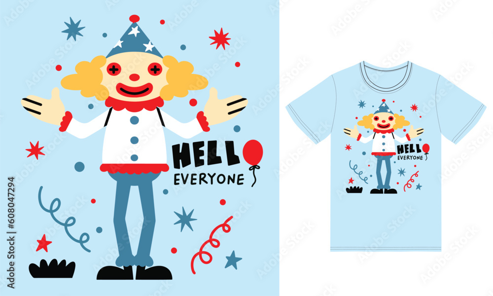 Cute clown illustration with tshirt design premium vector Cute clown illustration with tshirt design premium vector