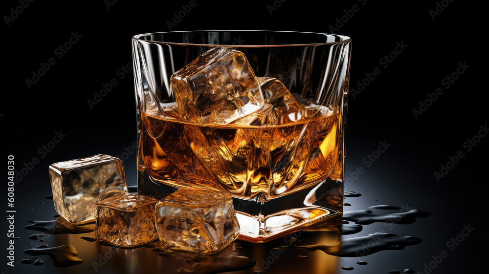 Glasses of whiskey with ice cubes served on wood. Generative AI