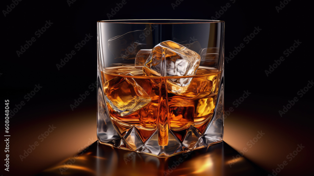 Glasses of whiskey with ice cubes served on wood. Generative AI Glasses of whiskey with ice cubes served on wood. Generative AI
