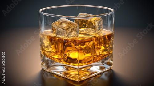 Glasses of whiskey with ice cubes served on wood. Generative AI