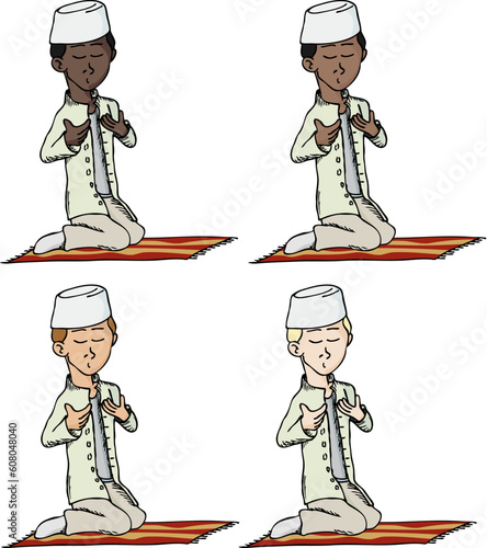 A cartoon of a young Muslim boy with fez making a supplication while sitting on a praying rug. Includes 4 versions in different skin and hair color.