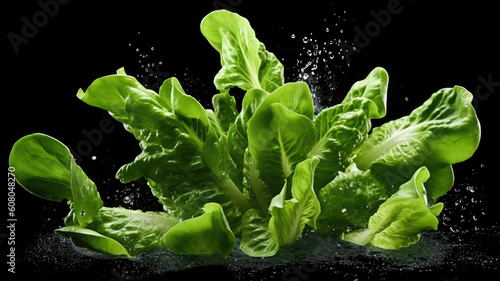 Group of Green Lettuce Vegetable Falling Dripp. Generative AI