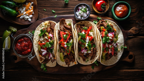 Three Mexican tacos with marbled beef, black Angus and vegetables on old rustic table. Mexican dish with sauces guacamole and salsa in bowls. Top view