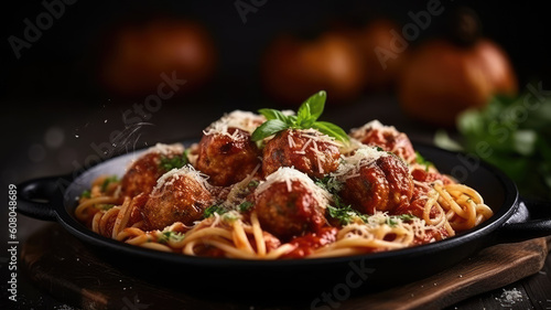 Spaghetti with meat balls in tomato sauce in a black bowl on a dark slate, stone or concrete background. Top view with copy space.