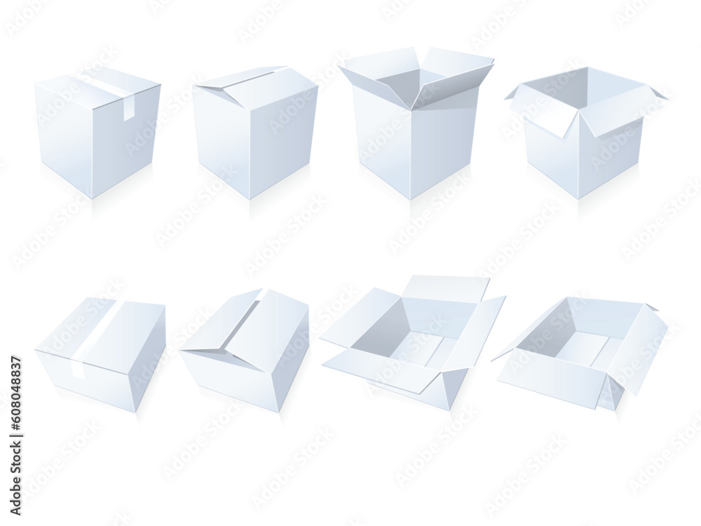 Blank cardboard boxes in different positions and styles Blank cardboard boxes in different positions and styles