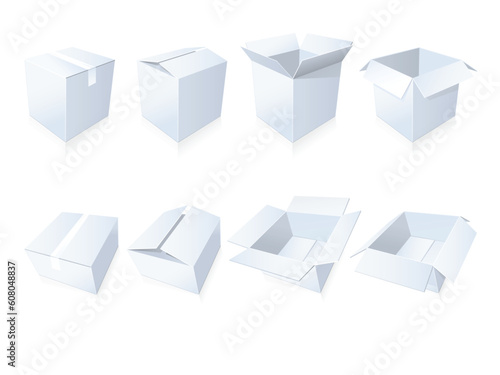Blank cardboard boxes in different positions and styles