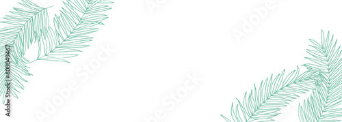 線画。夏のトロピカルベクターイラスト。緑の植物線画。ヤシの木の葉っぱ。Line drawing. Summer tropical vector illustration. Green plant line drawing. Palm tree leaves.