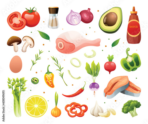 Fresh meats, vegetables and herbs illustration set. Healthy food ingredients vector cartoon