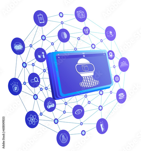 3D illustration tablet with metaverse icons on line polygon