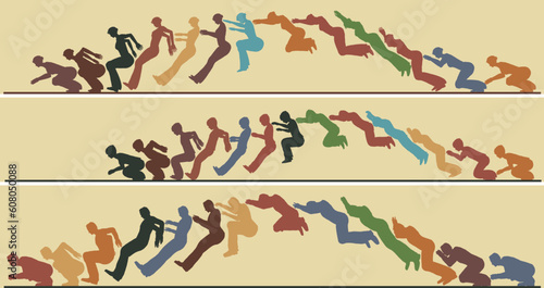 Editable vector silhouette sequences of a jumping man, woman and child