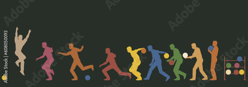 Colorful editable vector silhouette sequence of a man bowling