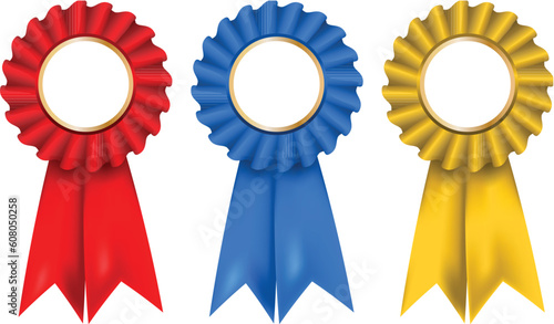 A collection of red, blue and gold rosettes