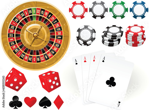 Playing cards, Roulette Wheel and gambling chips