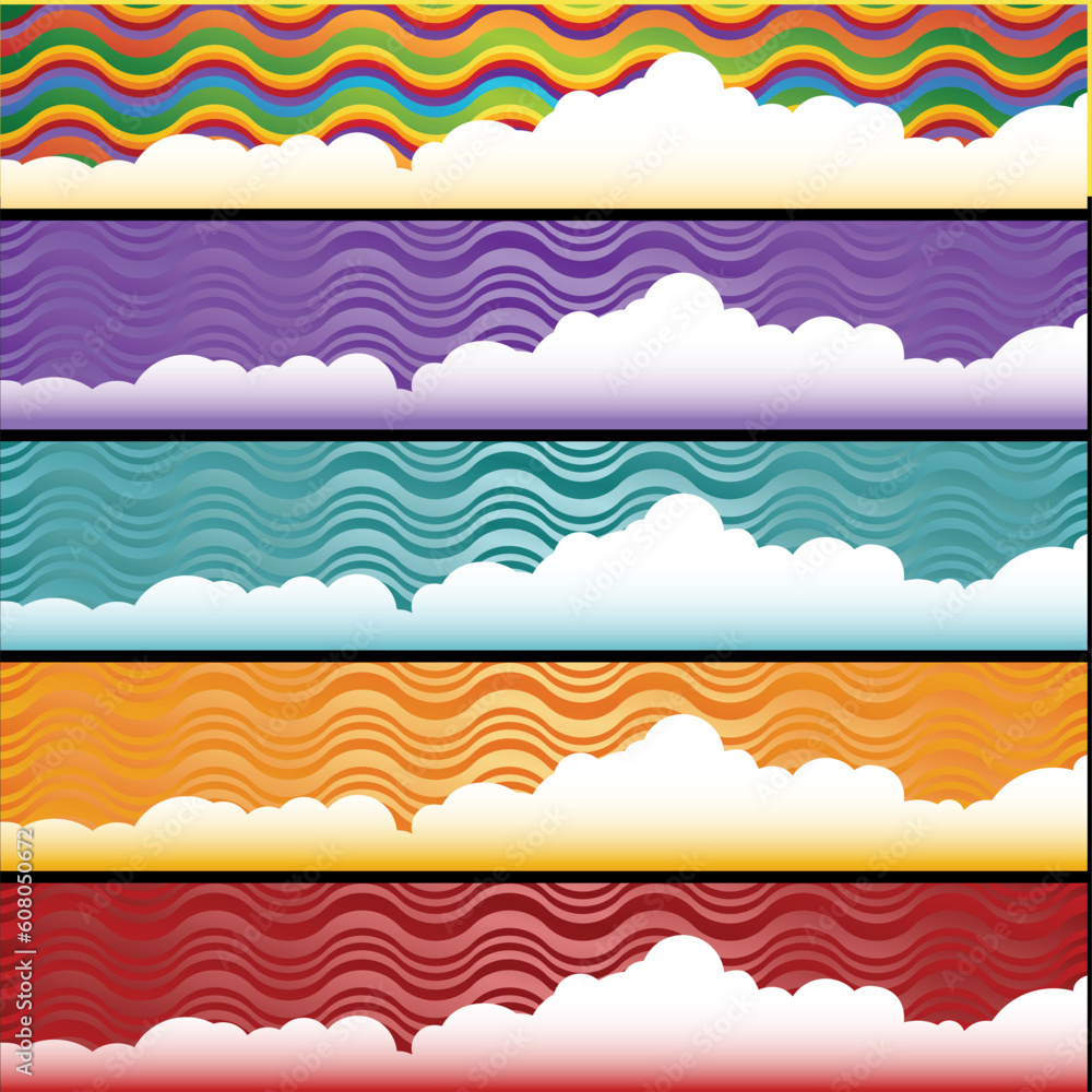 Set of background images with waved colored backgrounds with clouds.