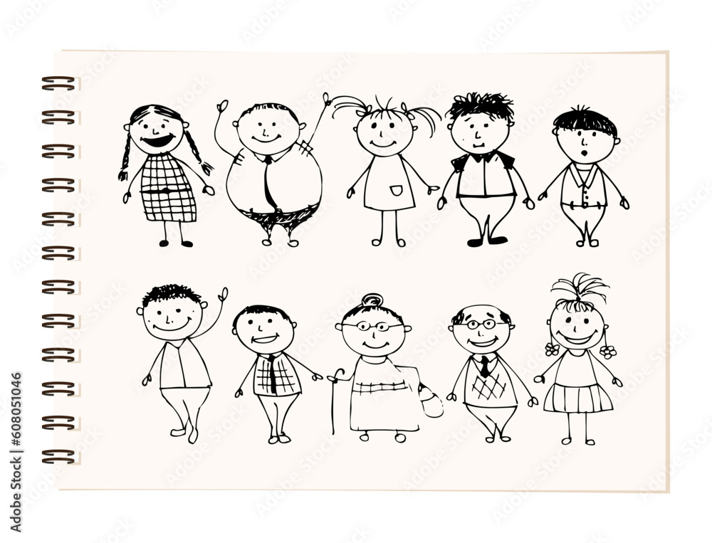Happy big family smiling together, drawing sketch Happy big family smiling together, drawing sketch