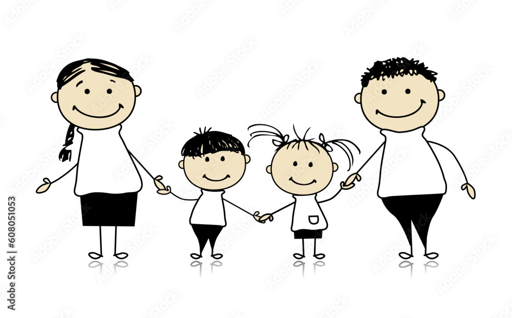Happy family smiling together, drawing sketch Happy family smiling together, drawing sketch