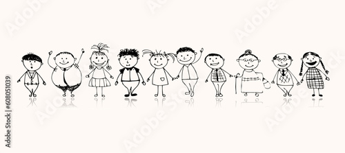 Happy big family smiling together, drawing sketch