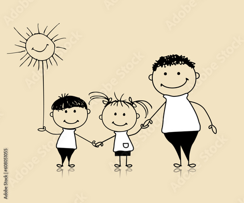Happy family smiling together, father and children, drawing sketch