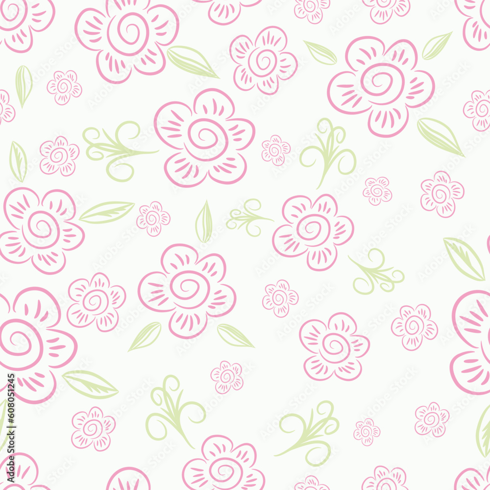 Red flowers and green leaves on a light background - seamless texture. Red flowers and green leaves on a light background - seamless texture.
