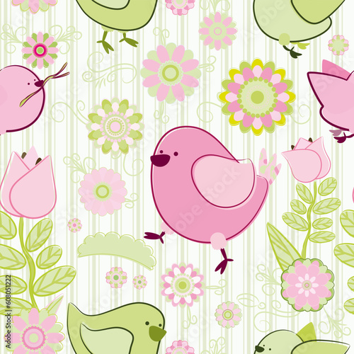 Painted birds and flowers on a light background - seamless texture.