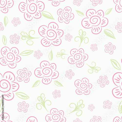 Red flowers and green leaves on a light background - seamless texture.