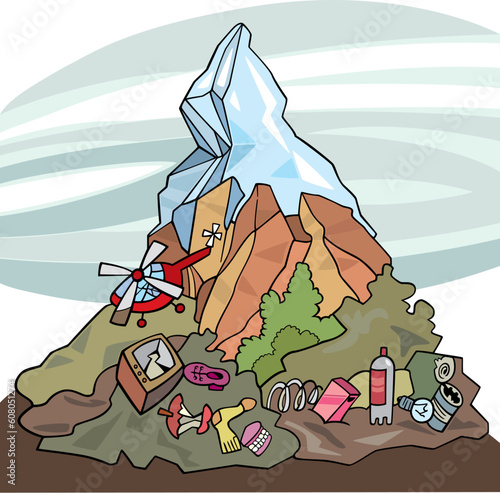 illustration of mountain and lot of rubbish around it