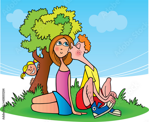 cartoon illustration of teenager couple in love