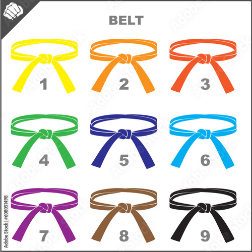 ORIGINAL SYMBOLS MARTIAL ARTS COLORED BELTS. EMBLEM.Yellow,orange,red,green,blue,brpwn,black