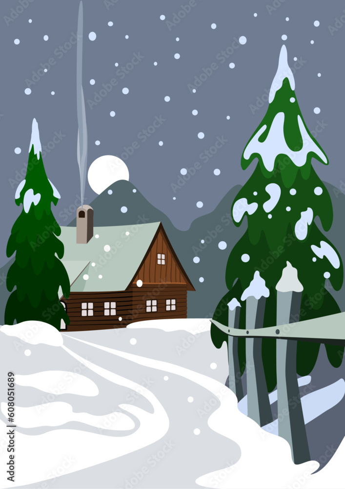 Illustration of house in snow forest