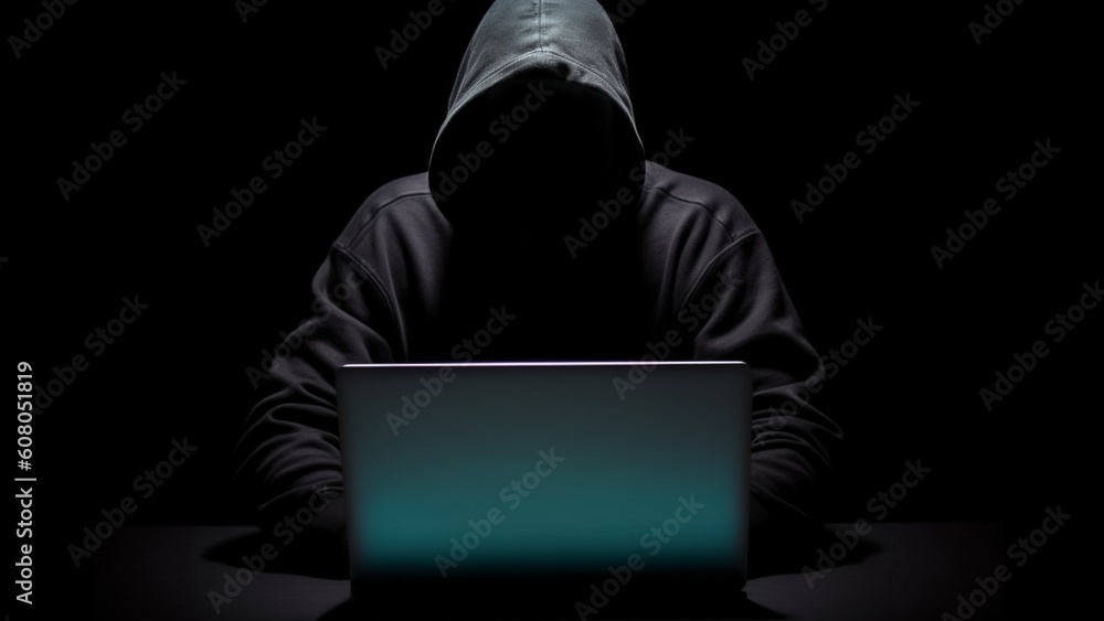 A hacker in a hoodie hides his face and works on a laptop in a dark room. Generative AI A hacker in a hoodie hides his face and works on a laptop in a dark room. Generative AI