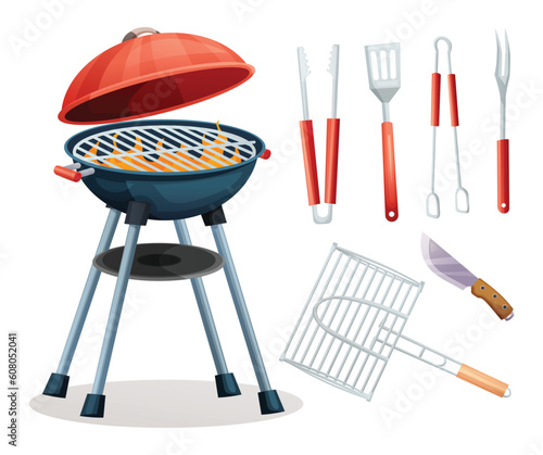 Set of charcoal barbecue grill, tongs, spatula, fork, knife. BBQ tools vector cartoon illustration