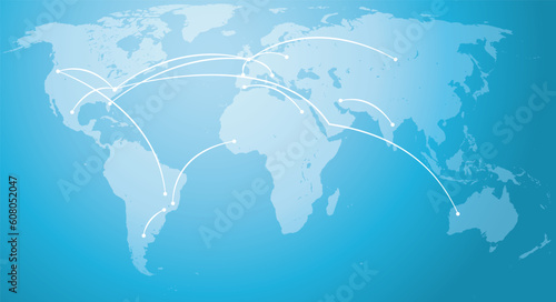 World map with routes between countries. Editable vector file.
