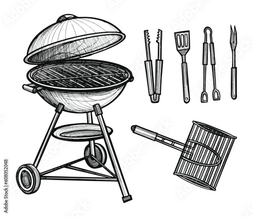 Set of charcoal barbecue grill, tongs, spatula, fork, knife. BBQ tools hand drawn sketch illustration
