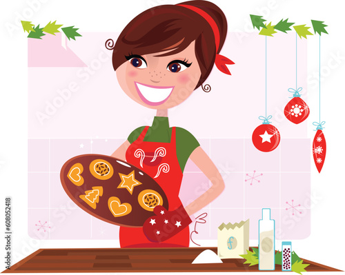 Funny cooking illustration of woman in red apron preparing christmas cookies. Stylized vector illustration in retro style.