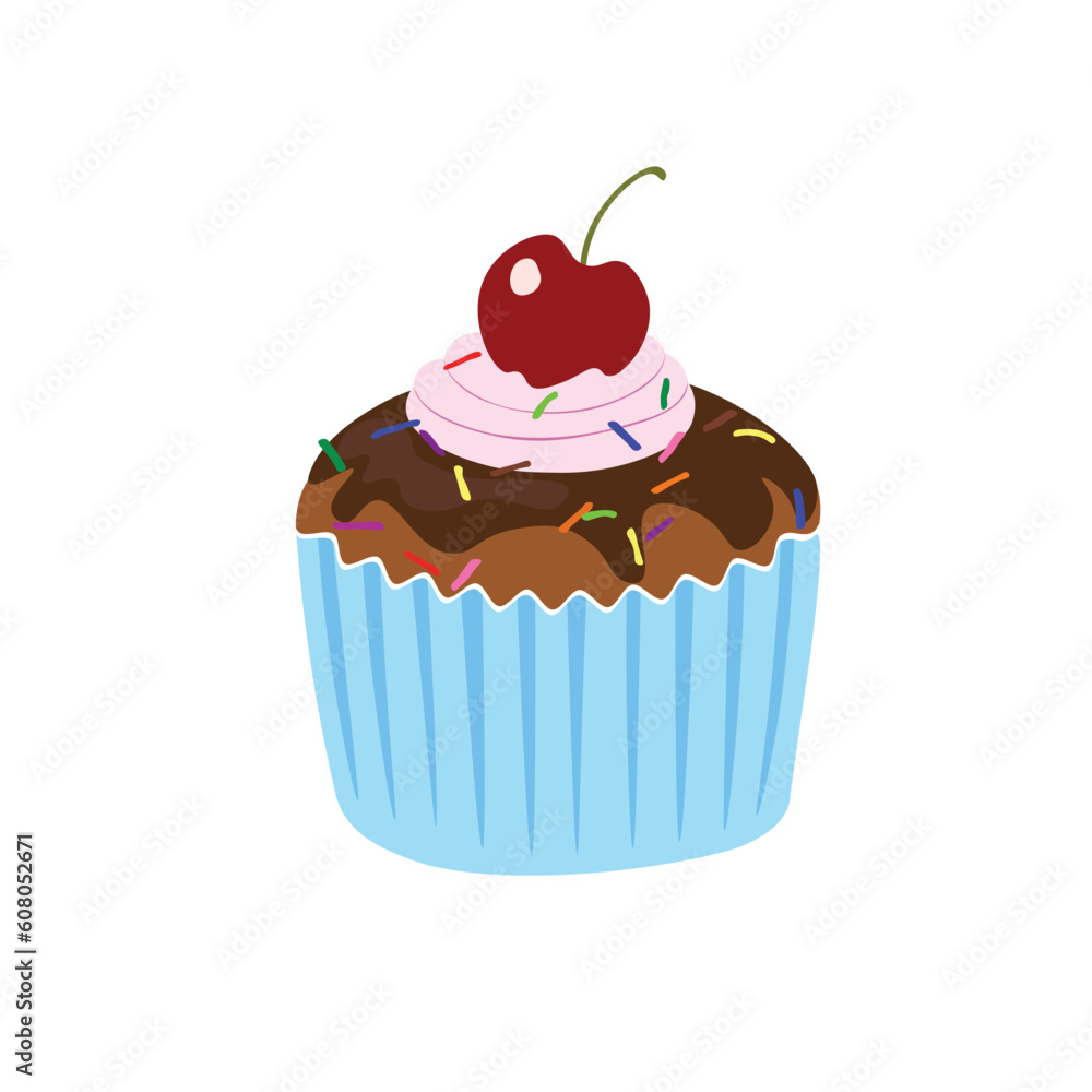 Cupcake with cherry vector in cartoon style. Birthday item in doodle style. Hand drawing cake icon for party concept. Cupcake with cherry vector in cartoon style. Birthday item in doodle style. Hand drawing cake icon for party concept.