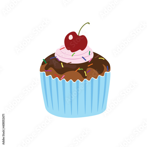 Cupcake with cherry vector in cartoon style. Birthday item in doodle style. Hand drawing cake icon for party concept.