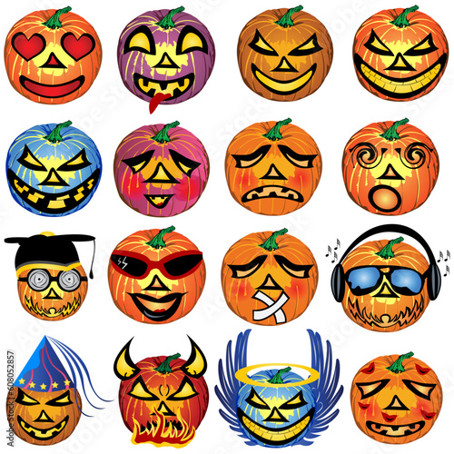 vector illustration of fourteen colored Halloween pumpkin emotions, vector illustration.