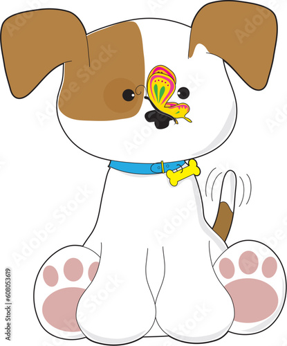 A cute puppy with a butterfly on its nose