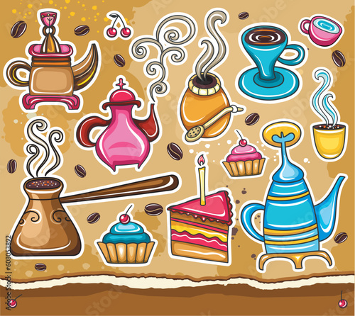 Cartoon collection of cute icons - coffee, tea, yerba mate theme