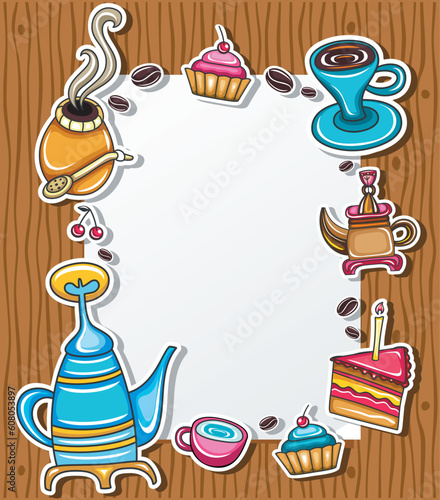 Cute grunge frame with coffee, tea, cake, yerba mate symbols, isolated on wooden background 3.