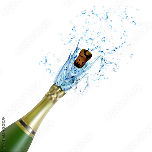 illustration of explosion of champagne bottle cork on isolated background