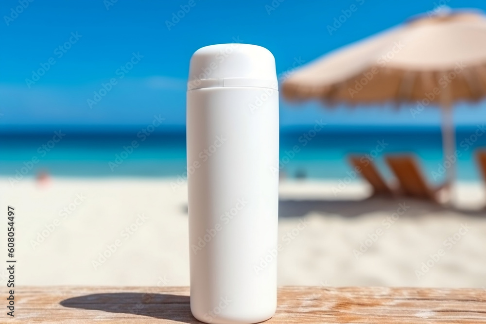 sunscreen lotion in a white plastic tube placed on a sandy beach, with sunglasses and the blue sea in the background. It represents the concepts of summer vacation, skin care, SPF protection, and UV-p sunscreen lotion in a white plastic tube placed on a sandy beach, with sunglasses and the blue sea in the background. It represents the concepts of summer vacation, skin care, SPF protection, and UV-p