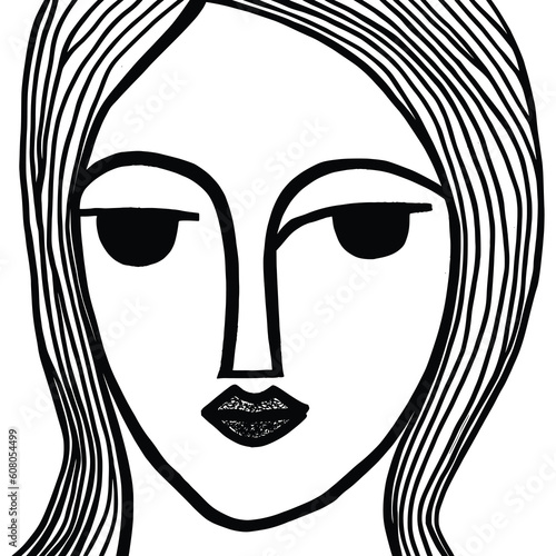 Abstract drawing of a woman's face, primitive, minimalist style, black and white, vector design