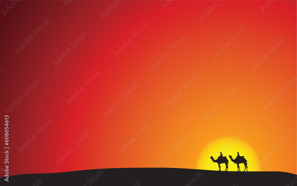 Two camels riding in the desert, at sunset with bright colors. Editable vector file.