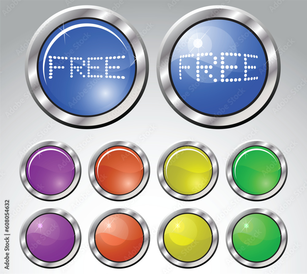 Set of multicolored glasses round buttons with metallic frame. Vector illustration. Set of multicolored glasses round buttons with metallic frame. Vector illustration.