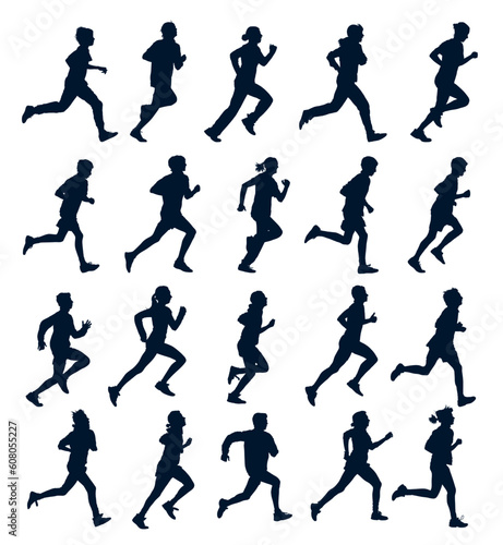 Collection of running silhouettes  teenagers  boys and girls.