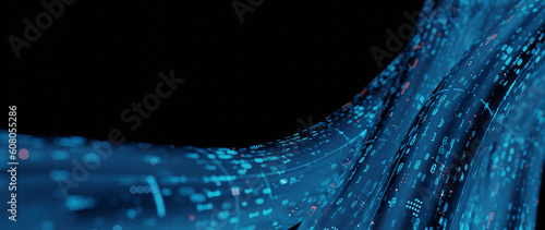 3D Rendering of abstract glass tube, wire cable with digital binary data transmitting. Inside AI concept. Technology, machine learning, big data, virtualization. Product background