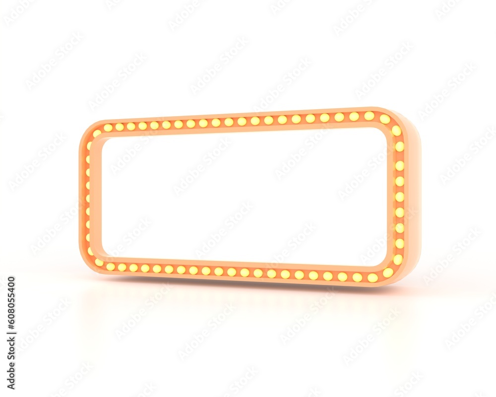 3D Rendering of blank retro advertising sign with led light bulbs at frame. Isolated on white background.  For online fashion shopping, promotion idea, banner, advertising. Large copy space area
